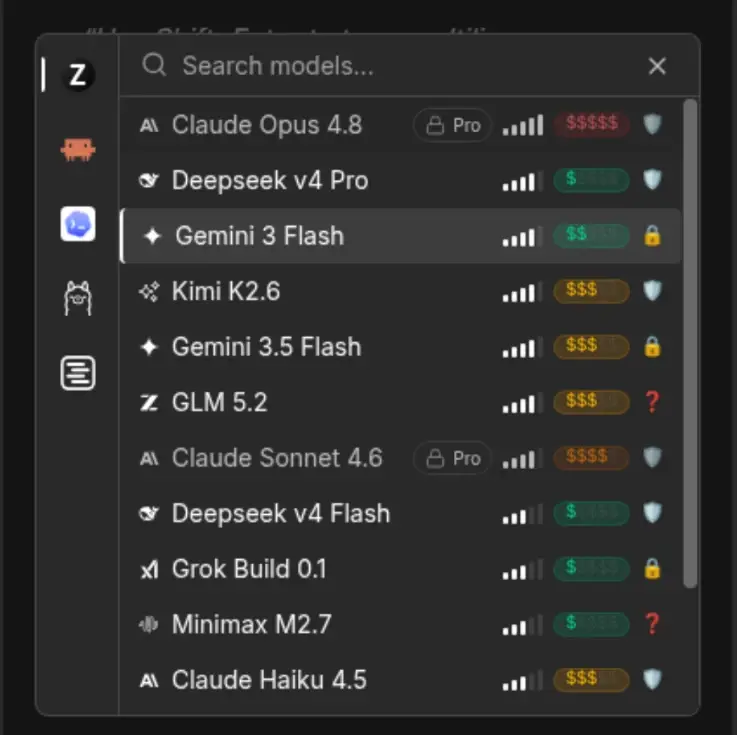 image.png {showing the model picket of Ziva, with Deepseek, Anthropic, OpenAI, Minimax, MoonshotAI, xAI, Google and more providers}